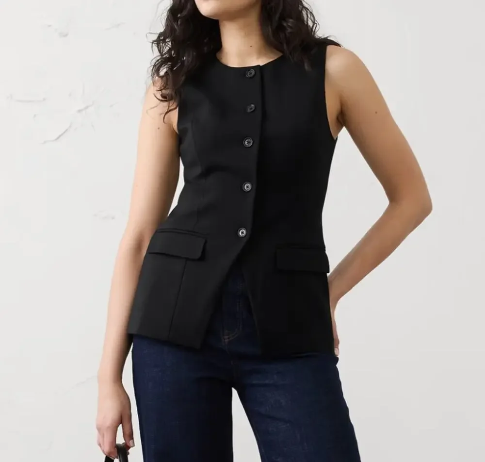 Banana Republic Factory Black Linen Blend Long Cutaway Vest (S) - Picture 1 of 7